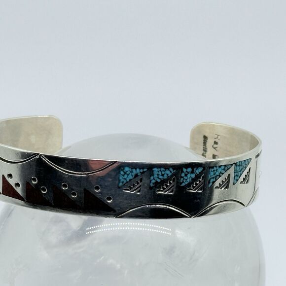 Sterling Silver Turquoise Inlay Cuff Bracelet Signed Ray B - Picture 2 of 6
